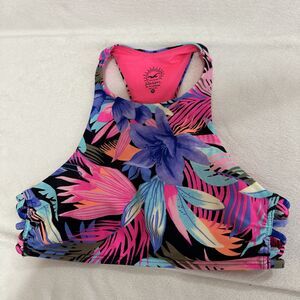 Hollister Bikini Top Floral Tropical High Neck Side Cutouts Pink Purple Size Med
